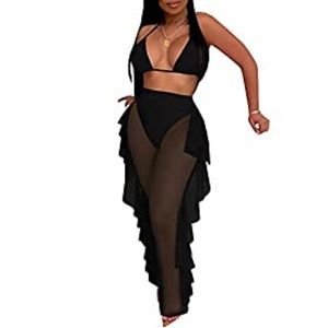 Women’s Sheer 2 Piece Sexy Bikini Cover Up Long Pants Briefs Sets Beach Swimsuit